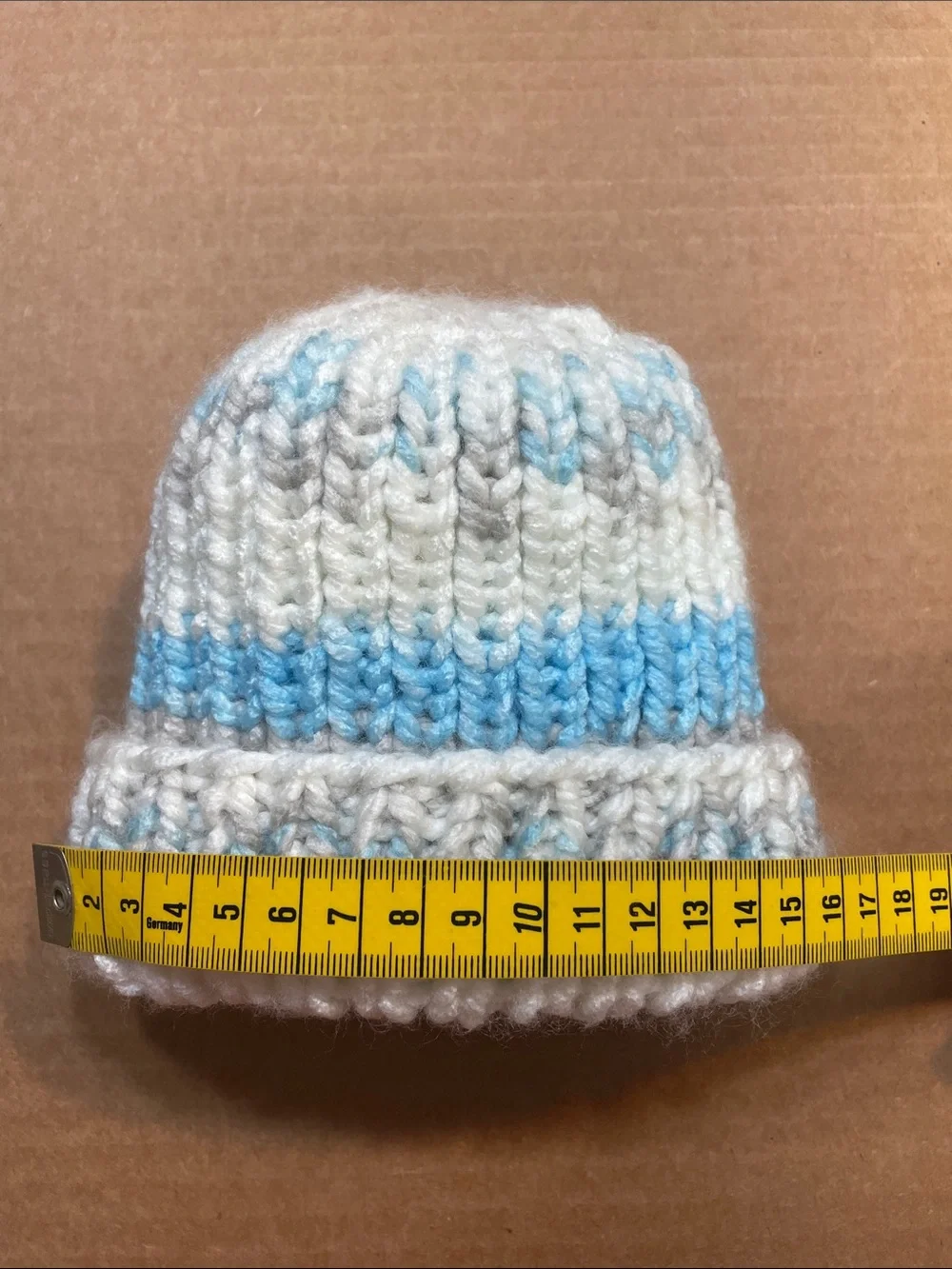 Hand-Knit Baby Beanie in White and Light Blue